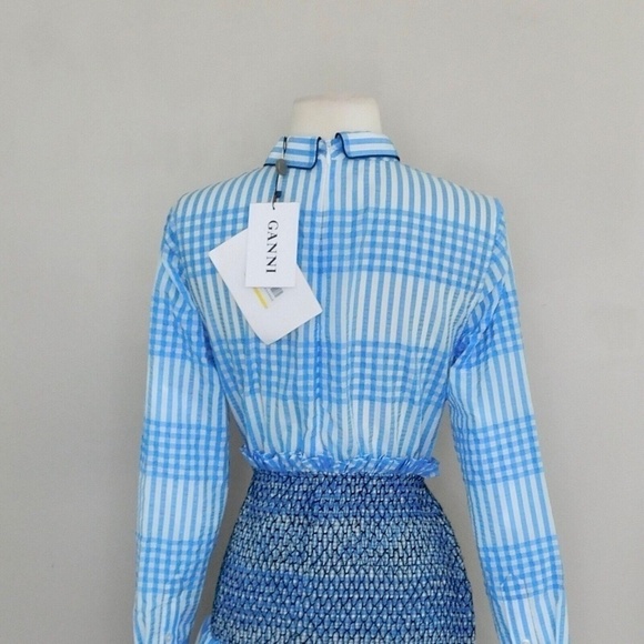 NWT!! GANNI Charron Smocked Gingham Dress Ruffle Peter Pan Mini Embroidered 36 4 - Picture 11 of 16